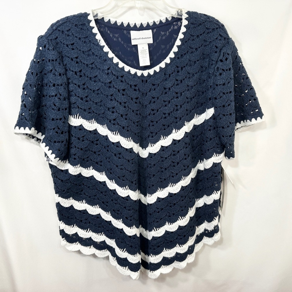 Alfred Dunner XL Crochet Top Navy White Chevron Scalloped Nautical Tunic 781 - Picture 4 of 11